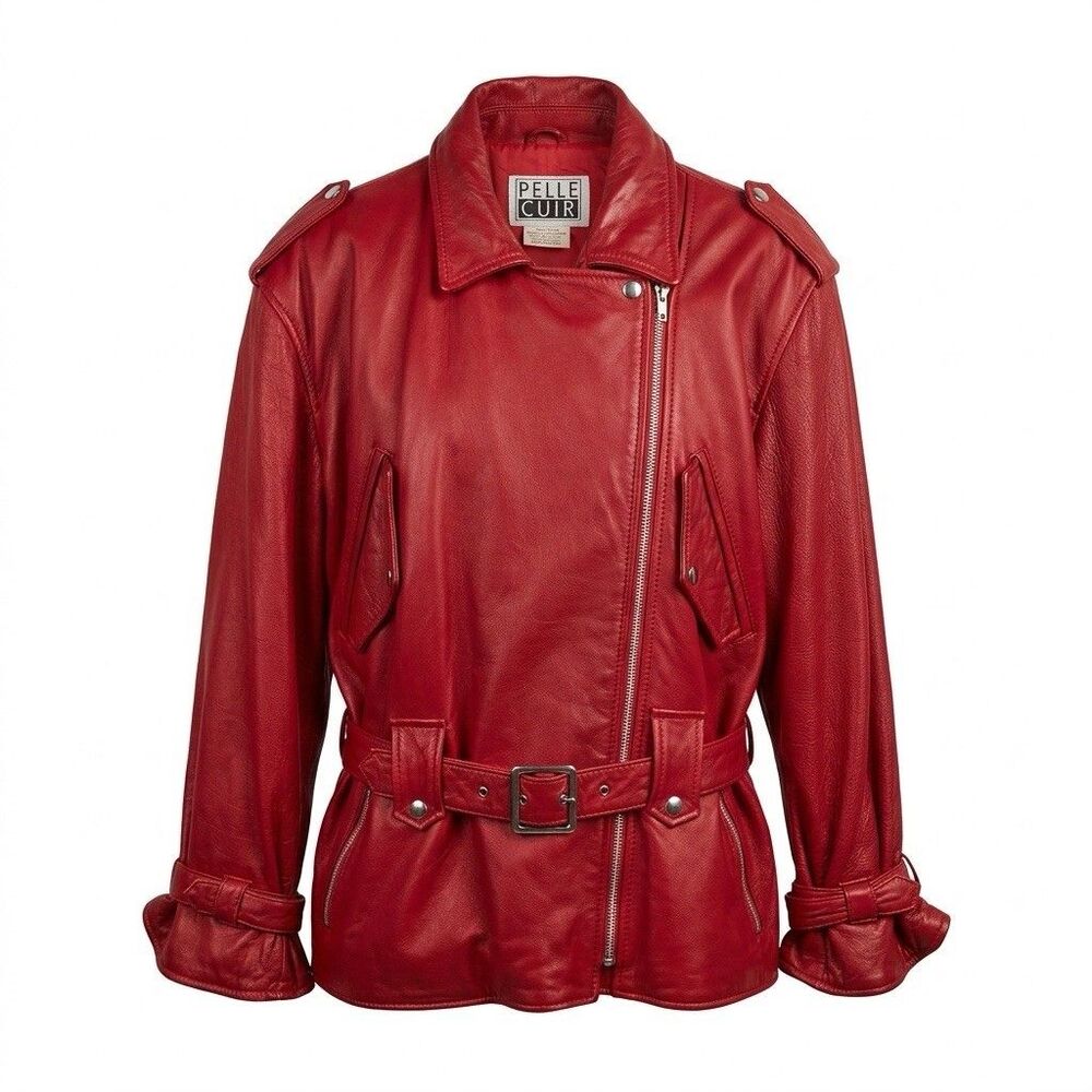 Vintage 80s Pelle Cuir Red Leather Moto Jacket Womens Medium Belted Rocker Biker